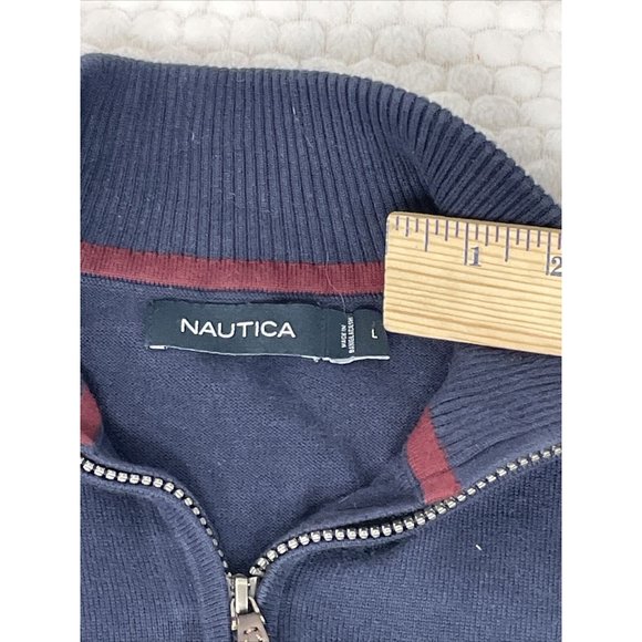 Nautica Men's  Large 1/4 Zip Knit Sweatshirt Gray Navy Stripe Logo - Picture 3 of 6
